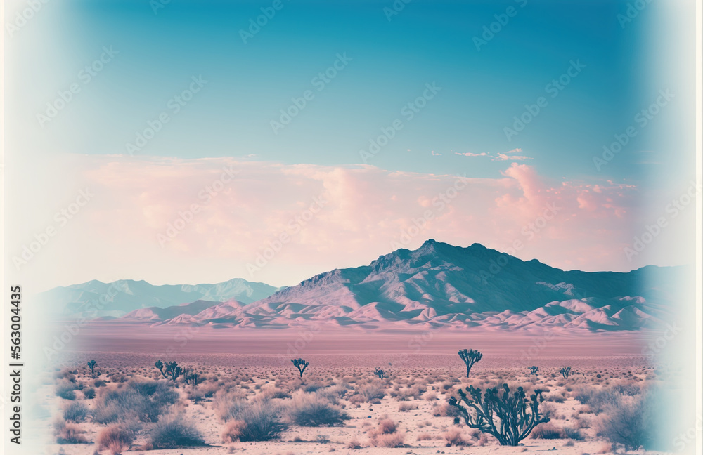 Poster a desert landscape with mountains and a sky background with clouds and a pink hued sky with a few cl