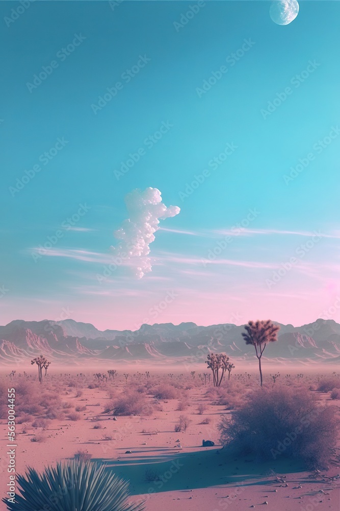 Poster a desert landscape with a few trees and a moon in the sky above it and a few mountains in the distan