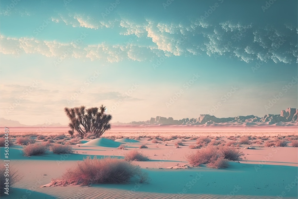 Poster  a desert landscape with a lone tree in the foreground and a distant mountain range in the distance with a blue sky with clouds and pink hues and pink hues in the foreground., generative ai