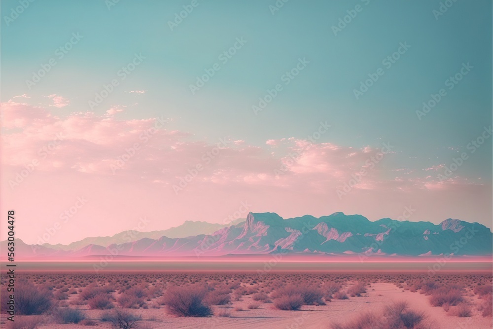 Poster a desert landscape with a mountain range in the background and a pink sky with clouds above it and a