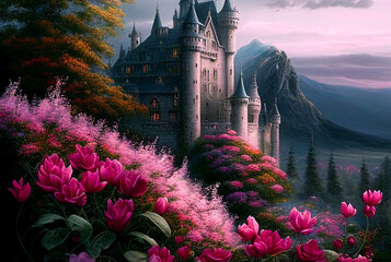 A fabulous castle among the mountains, in a quiet valley.