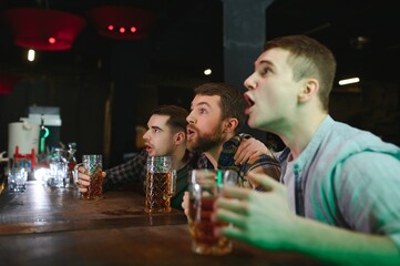 Group of excited friends in beer pub watching sports match