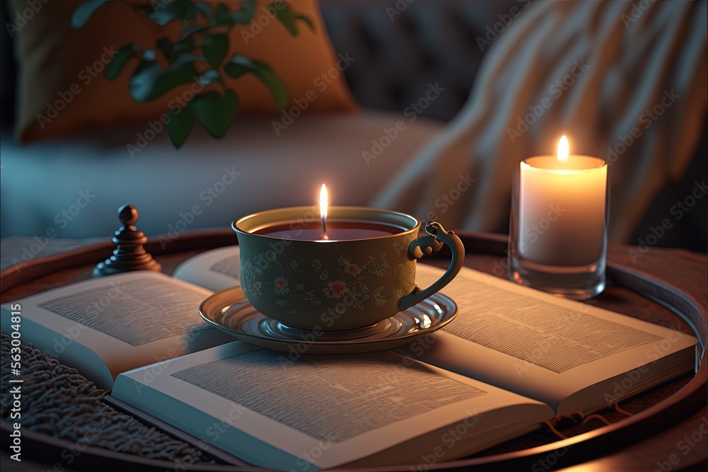 Poster a cup of tea and a candle on a table with a book and a candle holder on it with a candle in the midd