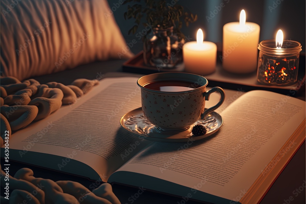 Poster a cup of coffee on a saucer on a saucer with a candle in the background and a book open to the side 