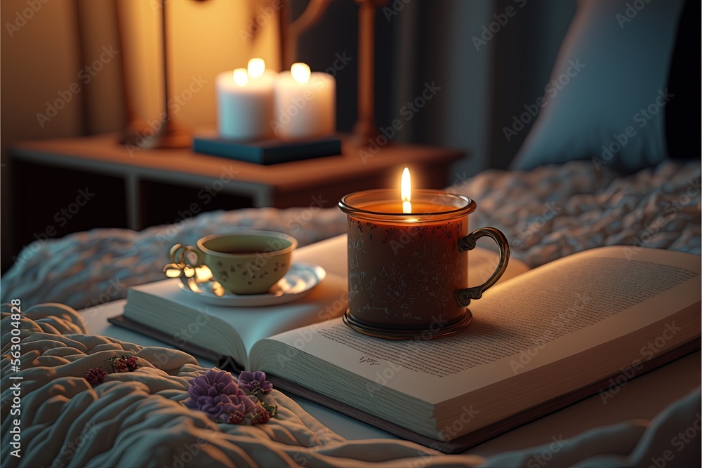 Poster a book and a cup on a bed with two candles in the background and a teacup on the bed with a book on 