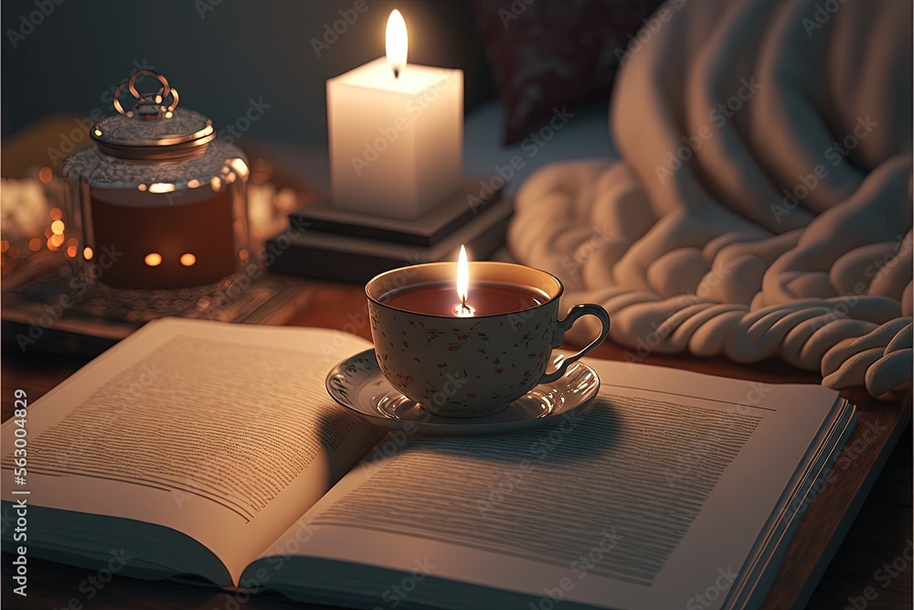 Aufkleber a cup of tea on a saucer with a lit candle in the background and a book open on a table with a blank