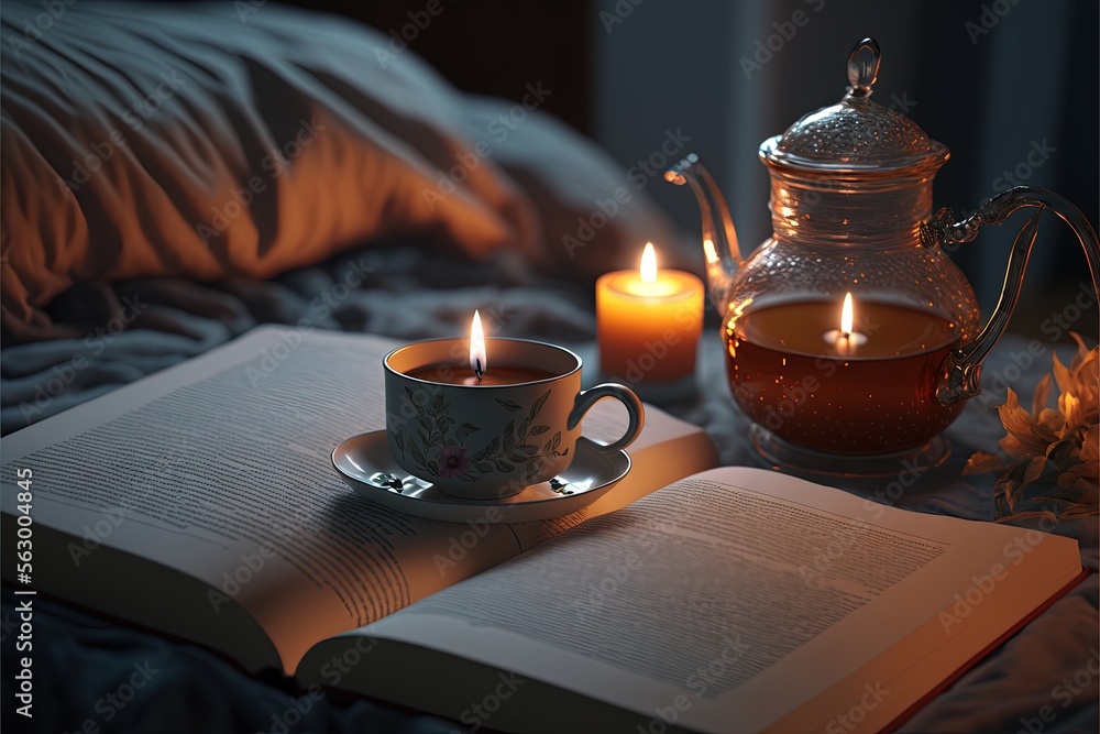 Poster a tea cup and a book on a bed with a teapot and candles in the background and a teapot on the bed wi