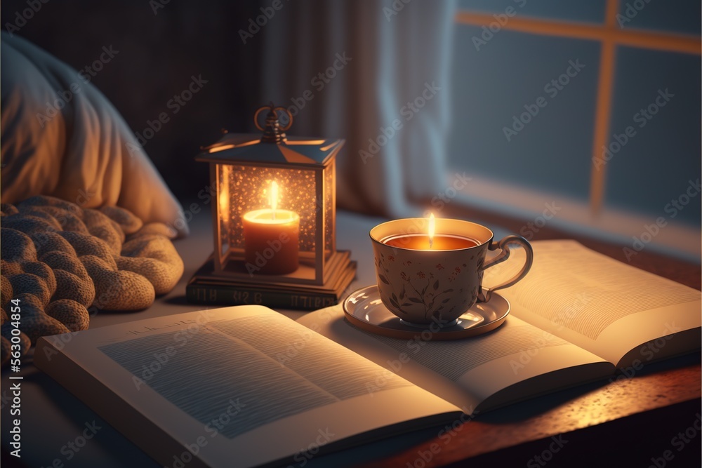 Poster a book, a candle, and a cup of coffee on a table with a window in the background and a window sill i