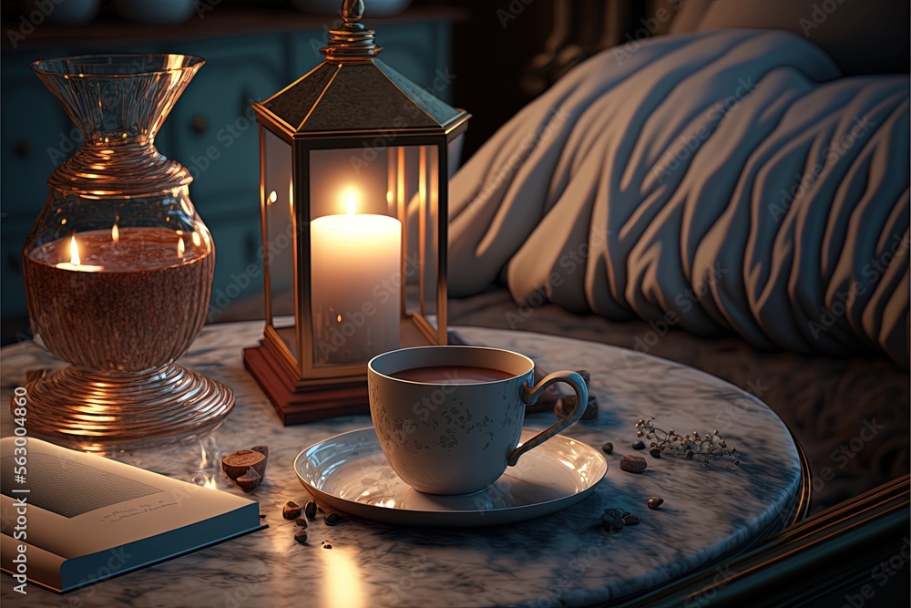 Aufkleber a cup of coffee and a candle on a table with a book and a lamp on it, with a book on the table besid