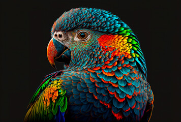 Beautiful colorful parrot isolated on black background. Close up.  Generative AI