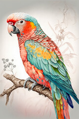 Colorful parrot sitting on a branch. Hand drawn illustration. Generative AI