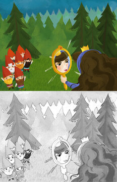 cartoon princess in forest near some dwarfs illustration
