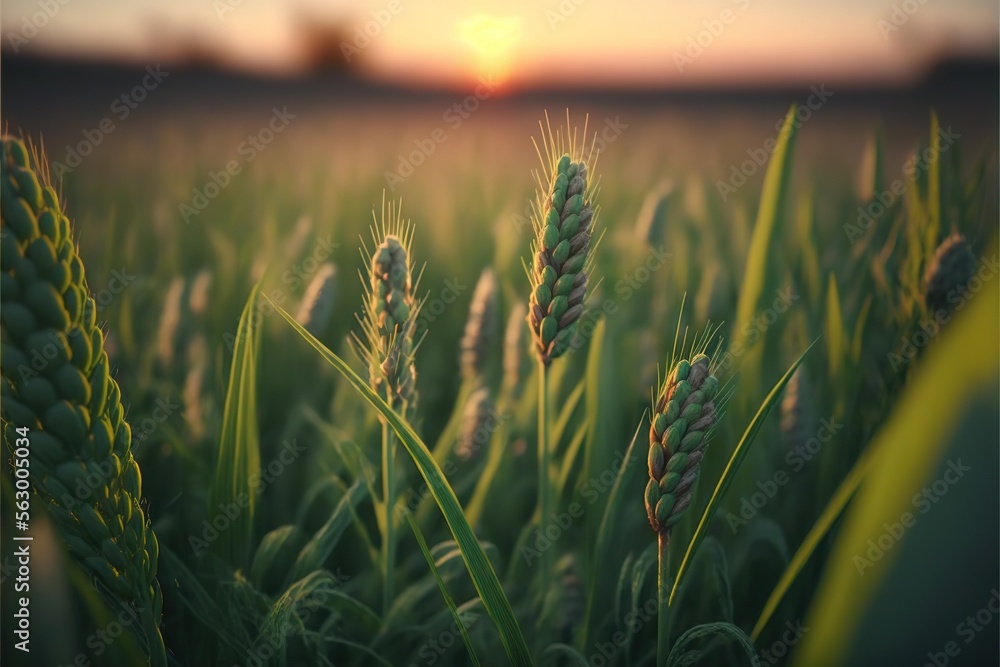 Poster a field of green wheat with the sun setting in the background and a few clouds in the sky above it, 