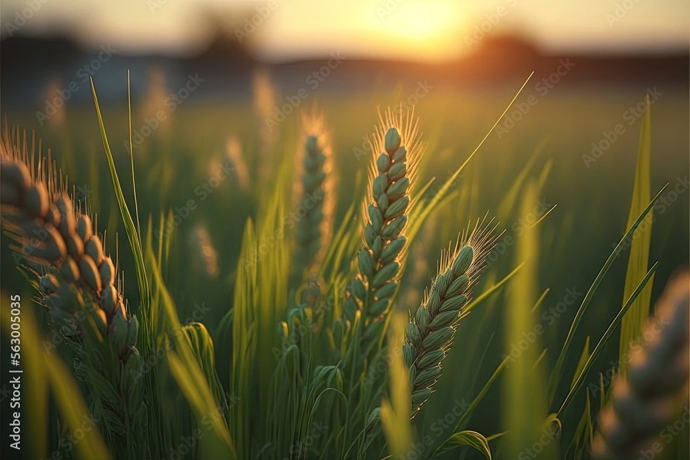 Poster a field of grass with the sun setting in the background and a building in the distance with a light 