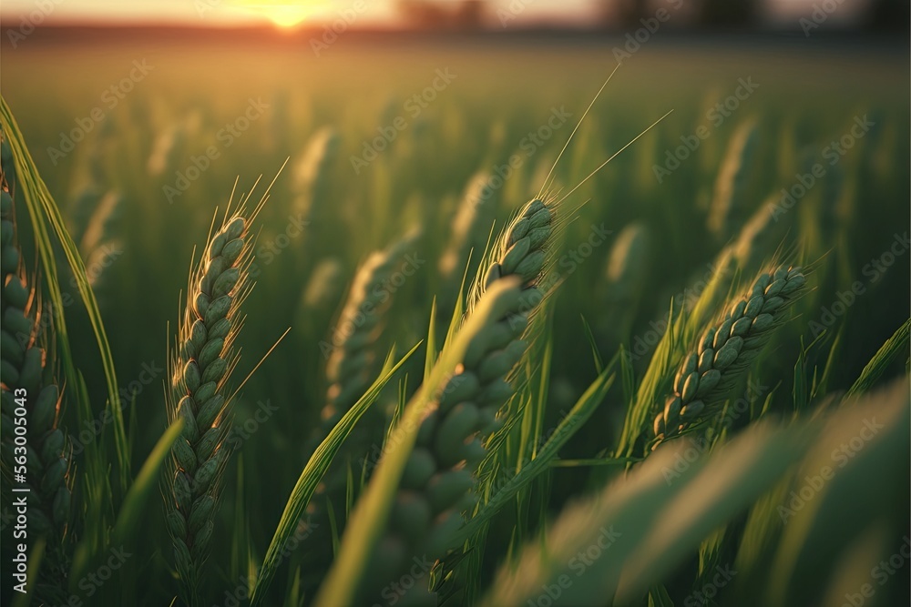 Poster a field of green wheat with the sun setting in the background and a blurry image of the grass in the