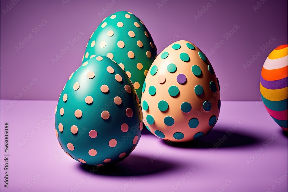 Poster three colorful eggs with polka dots on them on a purple surface with a purple background and a color