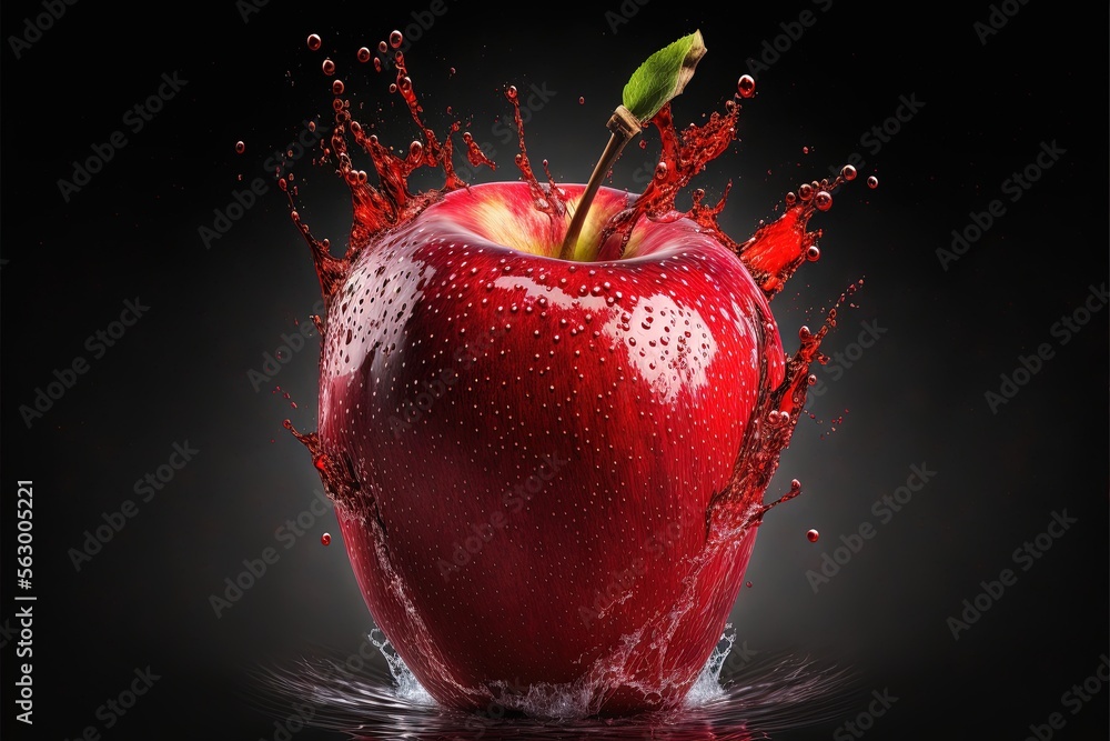 Poster a red apple with water splashing on it's side and a green leaf sticking out of the top of it's stem 