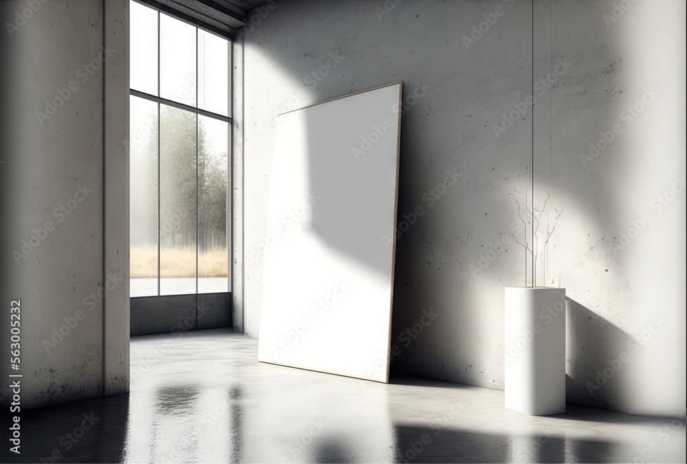 Poster a white room with a large window and a white door with a black and white logo on it and a white vase