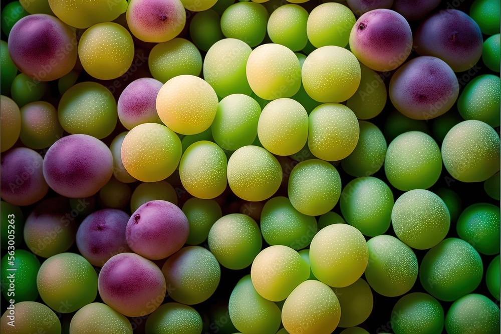 Poster a bunch of fruit that is sitting together in a pile together, with a green background and a yellow o