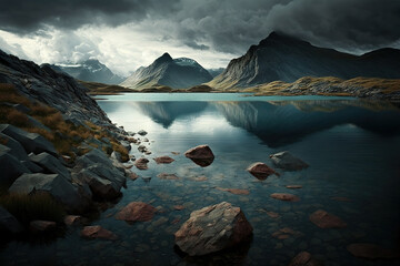 a lake surrounded by rocks under a cloudy sky, landscape, scenery, art illustration