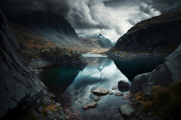 Obraz na płótnie Canvas a lake surrounded by rocks under a cloudy sky, landscape, scenery, art illustration