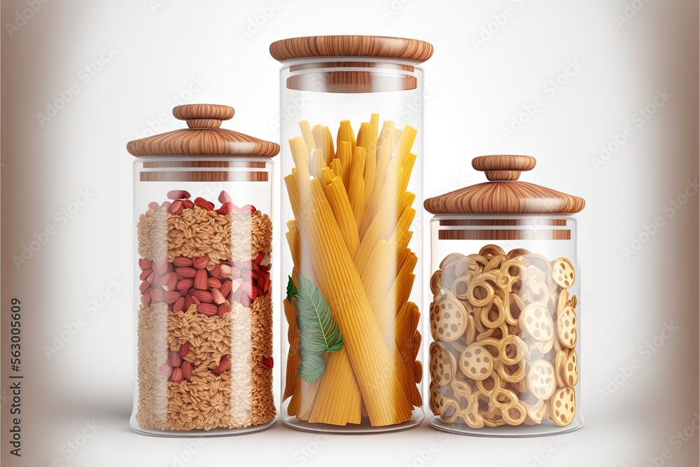 Poster a group of three glass containers filled with food items next to each other on a white surface with 