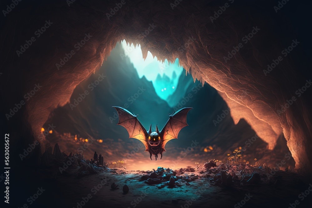 Poster a bat flying through a cave with a bright light coming from it's mouth and a cave entrance in the ba