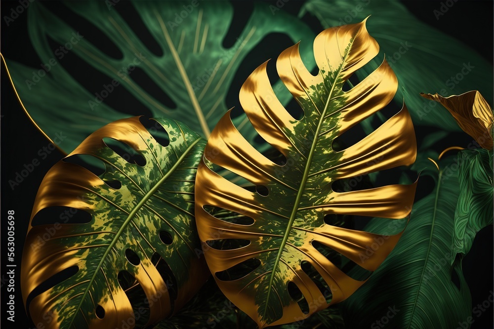 Poster a close up of a green leaf with yellow highlights on it's leaves and a black background with a gold 