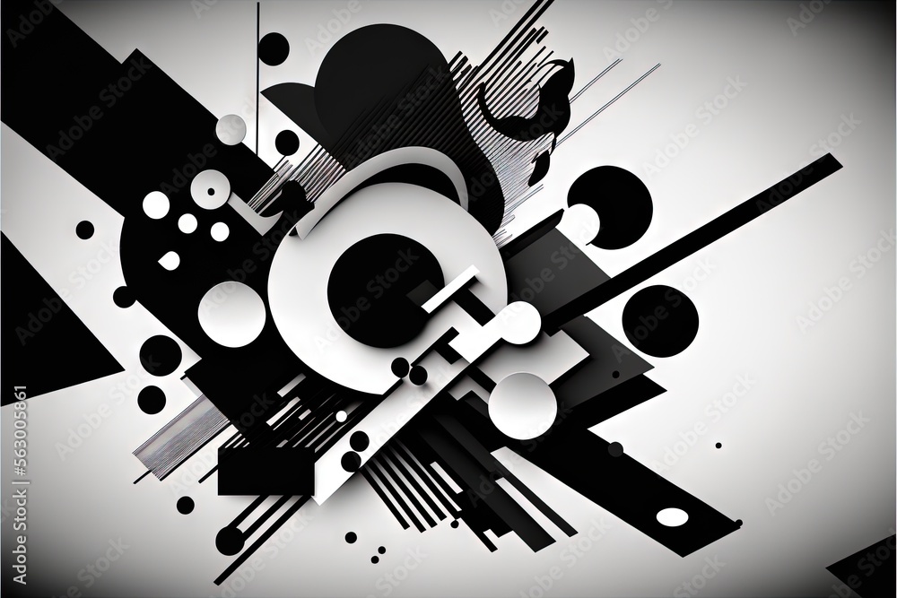 Poster a black and white abstract design with circles and shapes on a gray background with a black and whit