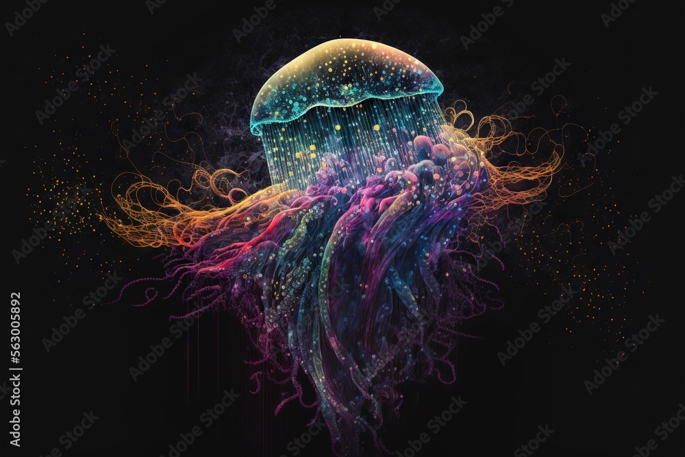 Aufkleber a jellyfish with a lot of colorful bubbles floating in it's water and bubbles floating around it's b