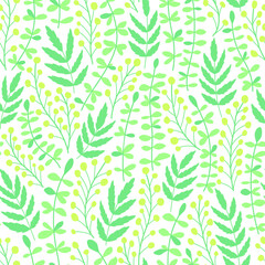 Seamless pattern with spring mimosa and grass. For women's fabrics and accessories. Template for fashion prints. Modern floral background. Flat vector illustration.