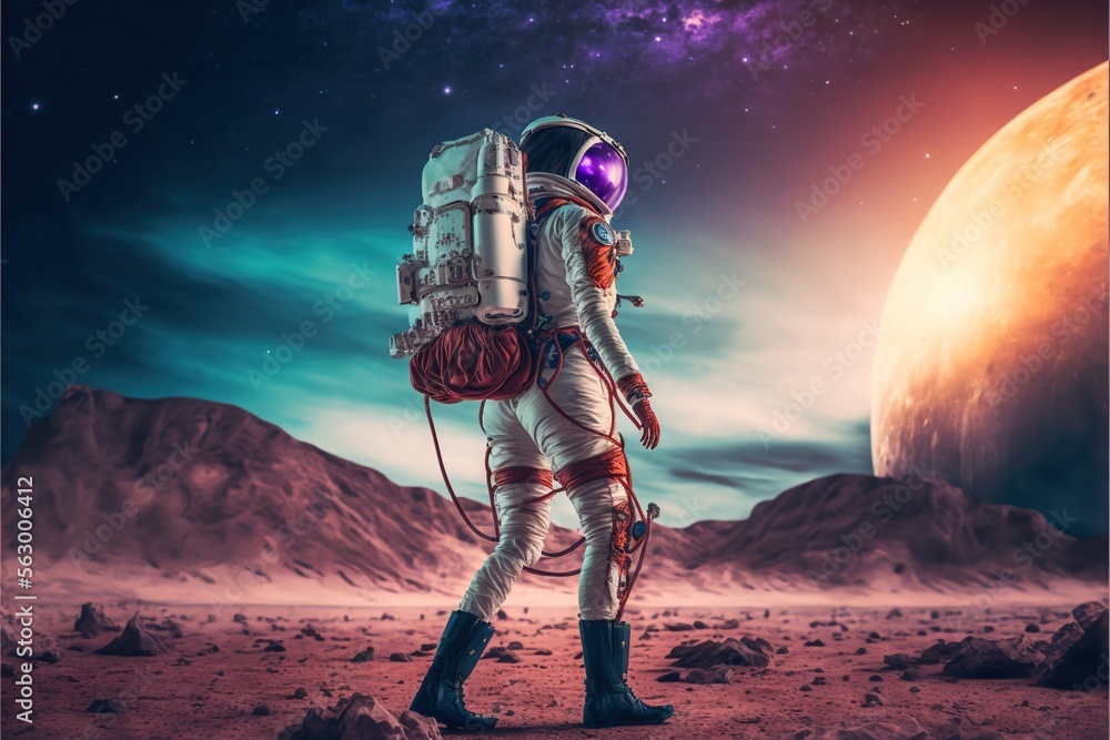 Poster a man in a space suit walking on a desert area with a planet in the background and a distant sky wit