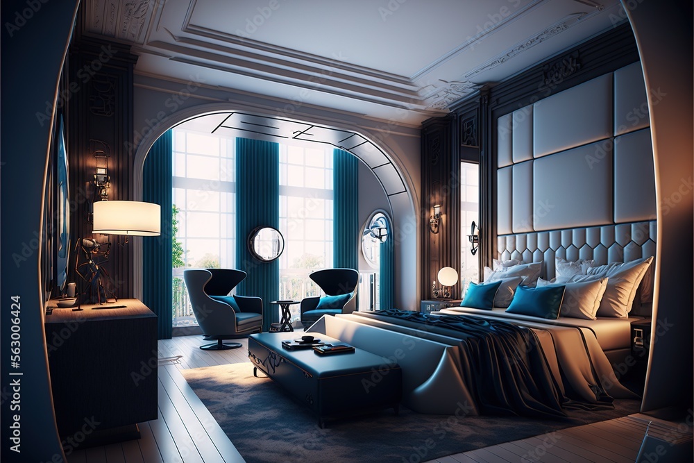 Poster a bedroom with a large bed and a chair in it's center area, and a large window with a view of the ou