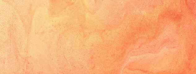 Abstract fluid art background coral colors. Liquid marble. Acrylic painting on canvas with orange shiny gradient.