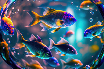 Naklejka na ściany i meble Underwater wild world. Tropical fishes. Image created with Generative AI technology.