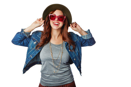Woman, portrait and fashion sunglasses or tongue, hat or isolated denim jacket on white background mockup. Smile, happy or gen z model in trendy, cool or hipster brand clothing for marketing mock up