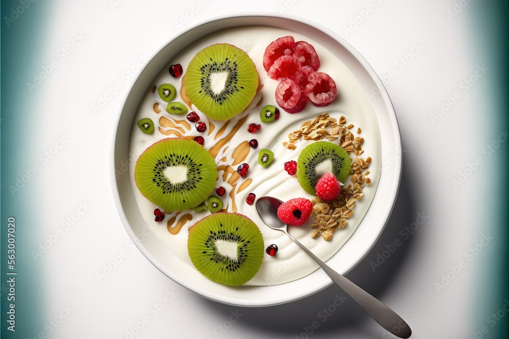 Poster a plate of fruit with a spoon and a spoon in it with a spoon in it and a bowl of fruit on the side w