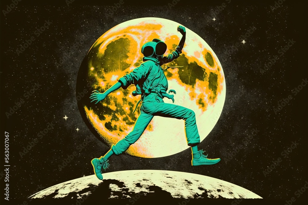Poster a man in an astronaut suit is running across the moon with a space shuttle in the background, with a