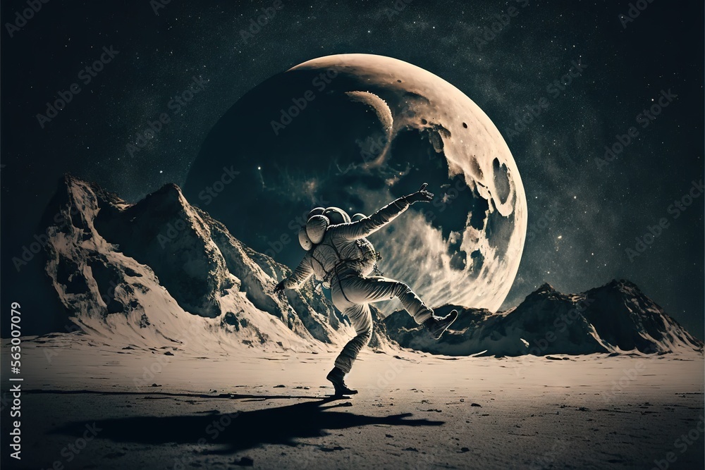 Aufkleber a man in a space suit is running across the moonlit desert with a full moon in the background and a 