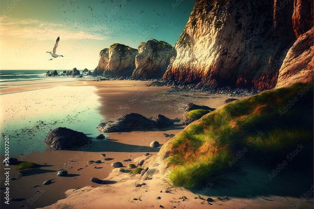 Poster  a bird flying over a beach with rocks and grass on the shore and a cliff in the background with a bird flying over the beach and rocks and grass on the shore of the beach., generative ai