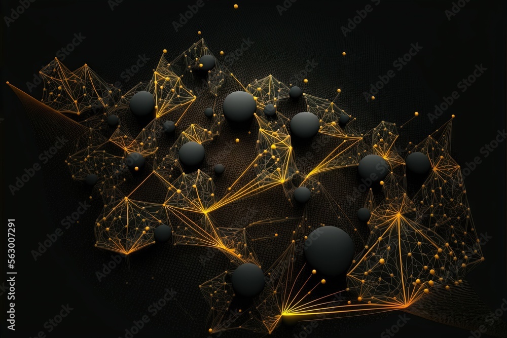 Poster  a group of balls and lines on a black surface with a black background and a black background with a yellow line and dots on the bottom of the image is a black background with a., generative ai
