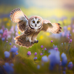 Owl in meadow,  created with Generative AI technology.