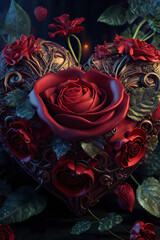 Beautiful ornate metallic heart with red roses, Generative AI