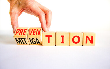 Prevention or mitigation symbol. Businessman turns cubes and changes the concept word Mitigation to...