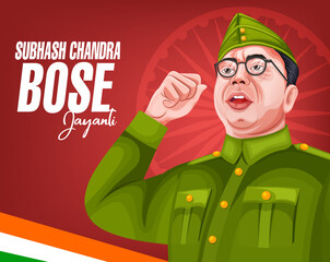 Parakram Divas Netaji Subhas Chandra Bose Jayanti. Freedom Fighter and National Hero of India Netaji Subhash Chandra Bose. India army day celebration, Chakra, Editable Poster Illustration, Typography.