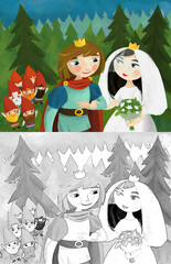 Obraz na płótnie Canvas cartoon prince and princess newlyweds dwarfs illustration