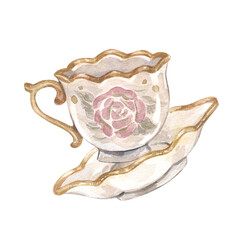 Watercolor vintage illustration with tea cup and saucer decorated with gold, pink roses, and leaves. Isolated on white.