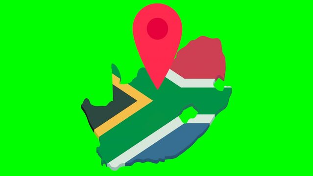 Animation loop in flat design style of a red map marker jumping over the 3D map of South Africa in the colors of the South African flag on a green background for transparency