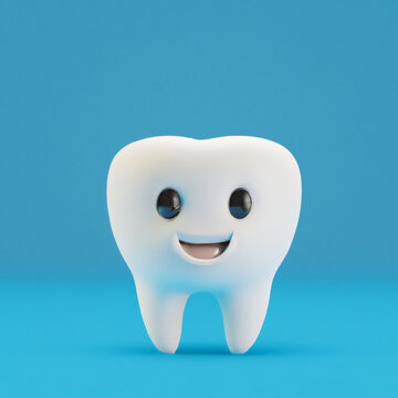 3D render of Cute tooth Character on blue background, Dentist Icon, gerative ai