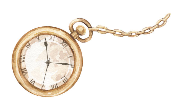 Watercolor illustration with vintage gold pocket watch. Isolated on white background.